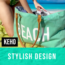 Load image into Gallery viewer, Keho Beach Bag with Vegan Leather Handles "Beach Vibes" Waterproof "with Pockets (Sandproof) - (Seafoam Green)