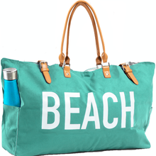 Load image into Gallery viewer, Keho Beach Bag with Vegan Leather Handles "Beach Vibes" Waterproof "with Pockets (Sandproof) - (Seafoam Green)