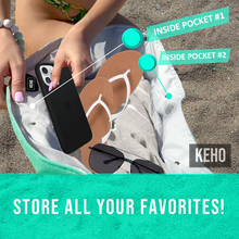 Load image into Gallery viewer, Keho Beach Bag with Vegan Leather Handles "Beach Vibes" Waterproof "with Pockets (Sandproof) - (Seafoam Green)