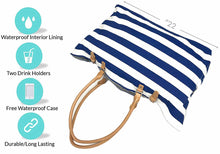 Load image into Gallery viewer, Keho Beach Bag with Vegan Leather Handles "Beach Vibes" Waterproof "with Pockets (Sandproof) - (Blue & White Stripes)