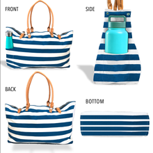 Load image into Gallery viewer, Keho Beach Bag with Vegan Leather Handles "Beach Vibes" Waterproof "with Pockets (Sandproof) - (Blue & White Stripes)