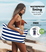 Load image into Gallery viewer, Keho Beach Bag with Vegan Leather Handles "Beach Vibes" Waterproof "with Pockets (Sandproof) - (Blue & White Stripes)