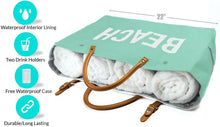 Load image into Gallery viewer, Keho Beach Bag with Vegan Leather Handles "Beach Vibes" Waterproof "with Pockets (Sandproof) - (Seafoam Green)