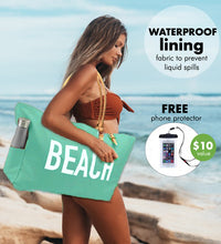 Load image into Gallery viewer, Keho Beach Bag with Vegan Leather Handles "Beach Vibes" Waterproof "with Pockets (Sandproof) - (Seafoam Green)
