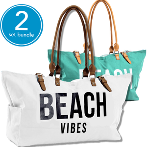 SALE Set of 2 Beach Bags White and Green Keho Bags
