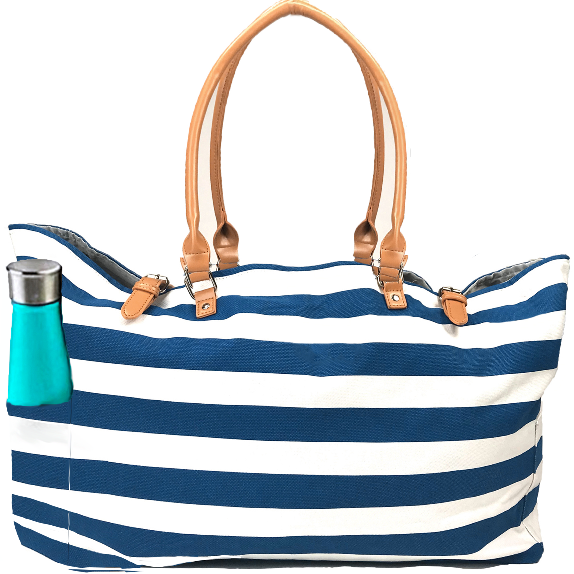 KEHO Large Canvas Shoulder Beach Bag Blue White Stripes