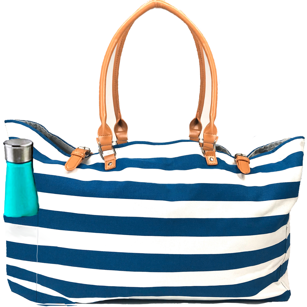 Keho Large Canvas Shoulder Beach Bag Blue White Stripes