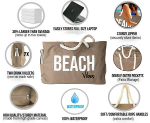 "Beach Vibes" - 100% Waterproof XXL Beach Bag with Rope Handles (Tan)