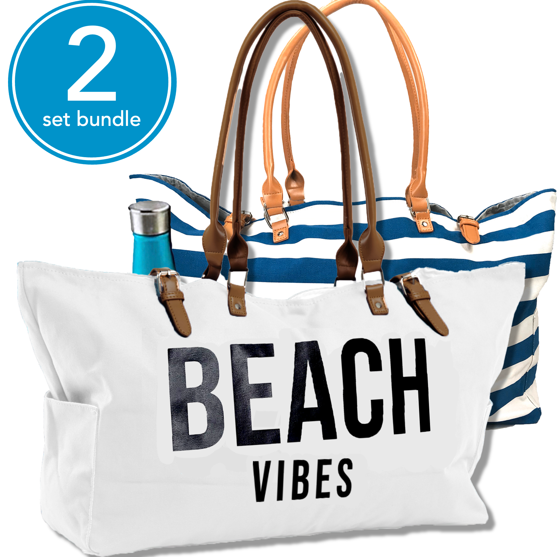 SALE: Set of 2 Beach Bags - (White and Blue Stripe) – Keho Bags