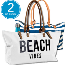 Load image into Gallery viewer, SALE: Set of 2 Beach Bags - (White and Blue Stripe)