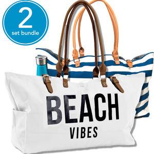 SALE: Set of 2 Beach Bags - (White and Blue Stripe)