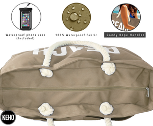 "Beach Vibes" - 100% Waterproof XXL Beach Bag with Rope Handles (Tan)