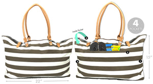 KEHO Large Canvas Shoulder Beach Bag - (Tan & White Stripes)