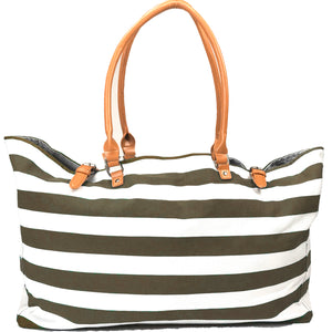 KEHO Large Canvas Shoulder Beach Bag - (Tan & White Stripes)