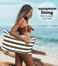 Load image into Gallery viewer, KEHO Large Canvas Shoulder Beach Bag - (Tan &amp; White Stripes)